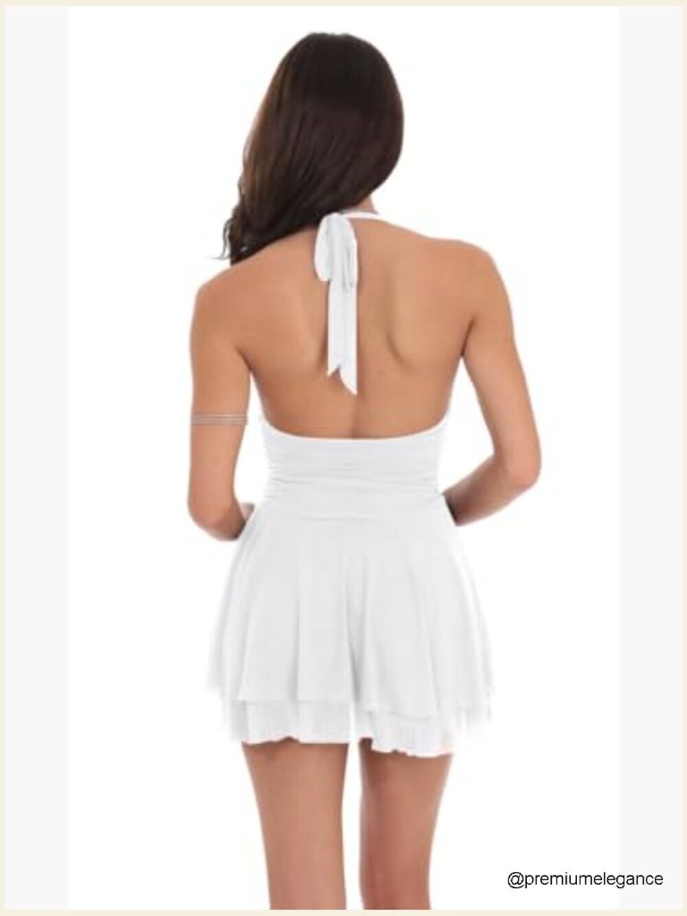 Sleeveless Halter V Neck Ruched Waist Mesh Tiered Ruffle Hem Mini Dress - Picture 2 of 7